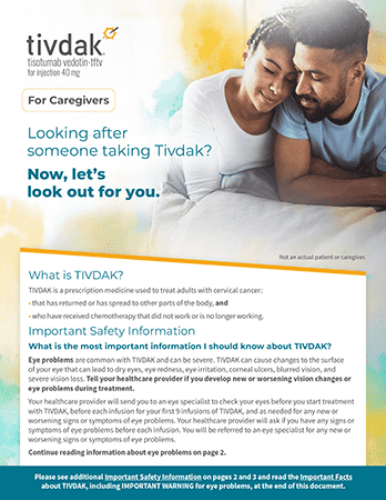 Image sample from the first page of the Tivdak® (tisotumab vedotin-tftv) Caregiver Brochure