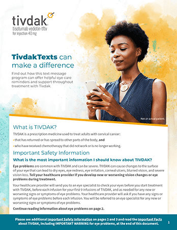 Image sample from the first page of the Tivdak® (tisotumab vedotin-tftv)Texts Brochure